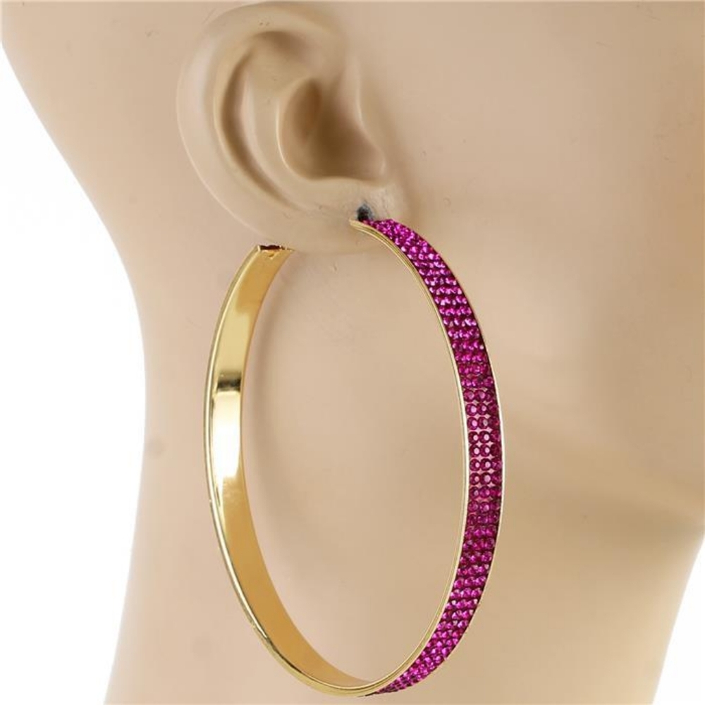 Purple Detail 3.2" Rhinestone Hoop Crystal Round Bling Casual Accessory